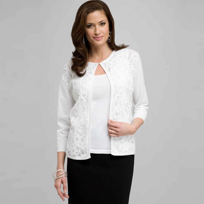 Crew Neck Cardigan, White, large image number 0